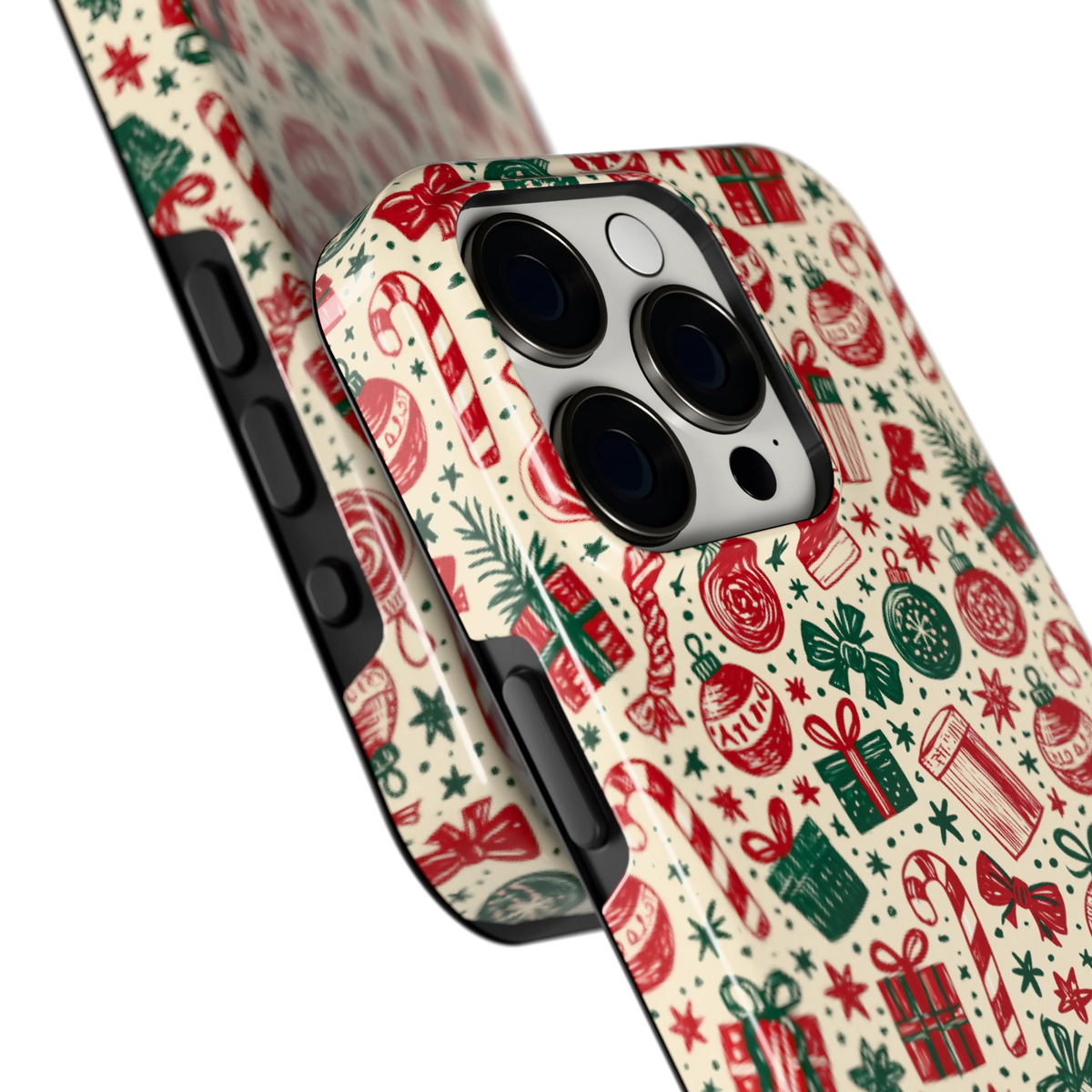 Kerstcadeaus hoesje voor iPhone 15 Pro, close-up