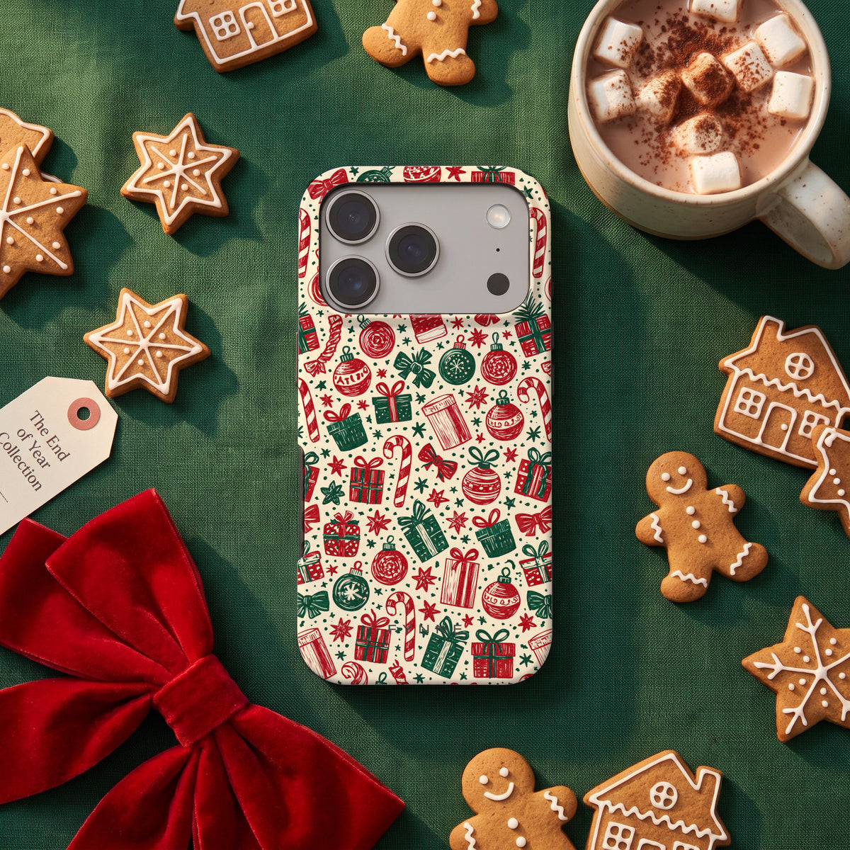 Kerstcadeaus hoesje op een iPhone 17 Pro, uit The End of Year Collection